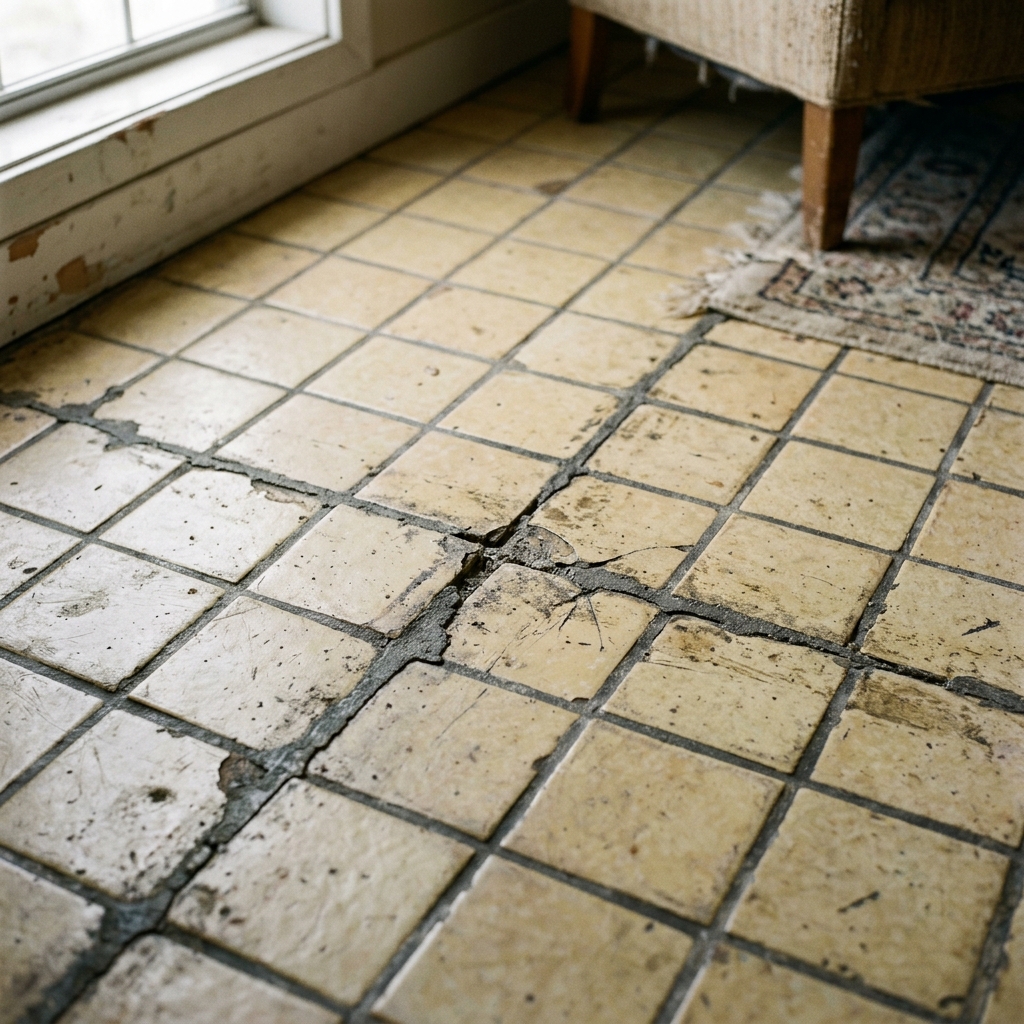 Piso de cerámica antiguo y desgastado